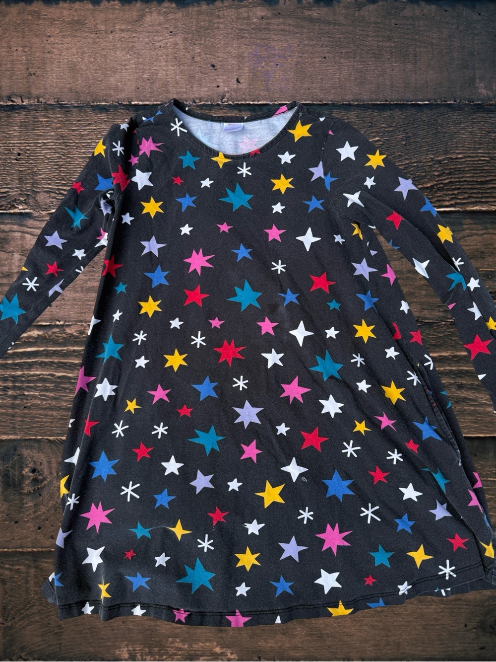 Hanna Andersson Girls Star Print Swing Dress Long Sleeve Pockets Black Multicolo